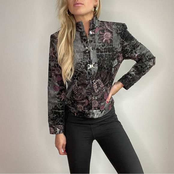 St. John Black, Grey, Purple Floral and Animal Print Corduroy Blazer Jacket - Picture 7 of 15